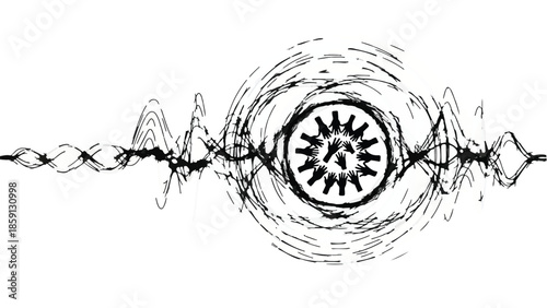 Abstract circular pattern with radiating sound waves and chaotic lines