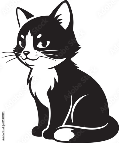 Cute black and white cat sitting and looking sideways