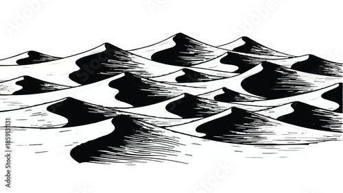 Stylized black and white illustration of rolling sand dunes under bright light