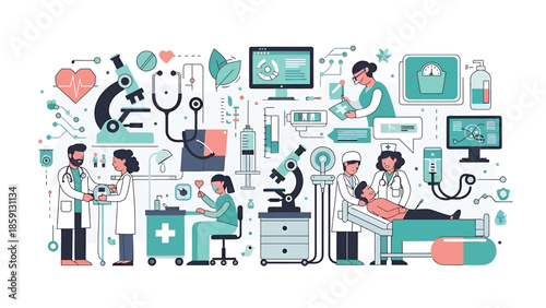 Medical professionals and equipment in a healthcare environment, illustration.