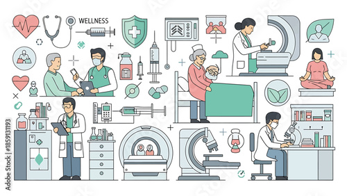 Medical professionals and equipment representing healthcare and wellness concepts.