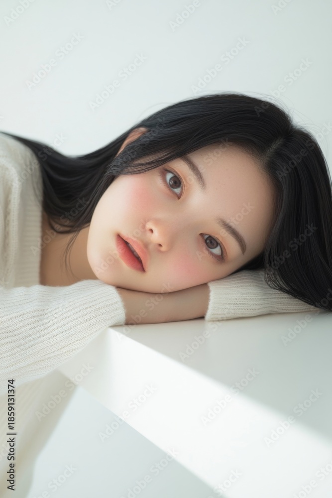 Obraz premium 白い机に伏せる女性