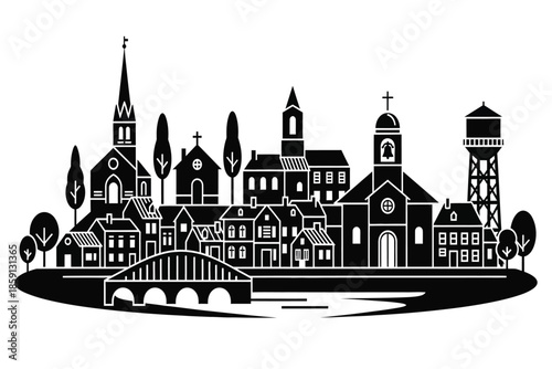 a detailed black and white illustration depicts a quaint european townscape with varied architecture and a charming bridge