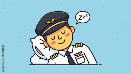 Sleeping pilot in uniform resting on a pillow with closed eyes and a smile.