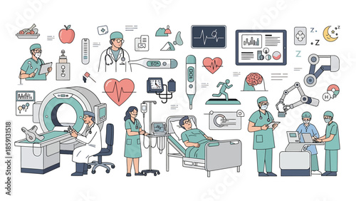 Medical professionals and patients in a hospital setting with various equipment.