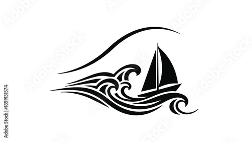 Elegant sailboat glides through stylized waves under a sweeping arc