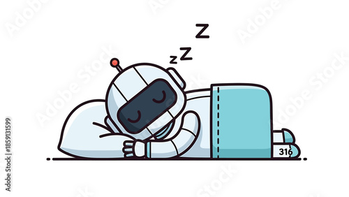 Sleeping robot illustration, a cute robotic character resting peacefully, dreaming of circuits and code.