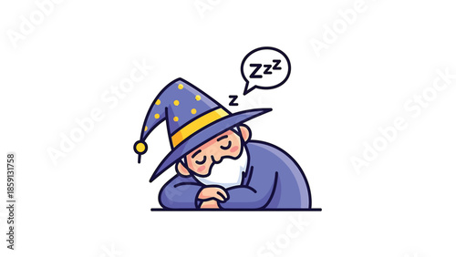 Sleeping wizard with a long beard and a pointed hat dreaming of magic.