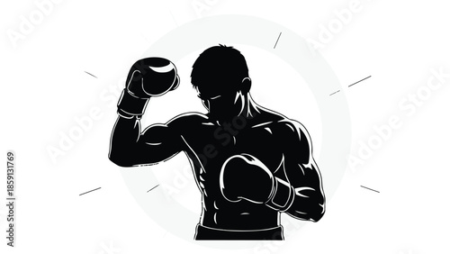 Determined boxer in silhouette, ready to fight with powerful stance and focused intensity.