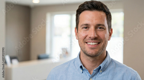 Smiling man with short hair wearing a blue shirt in modern office  