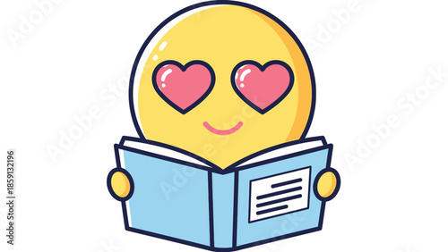 Smiling emoji with heart eyes reading a book, expressing love for literature and knowledge.