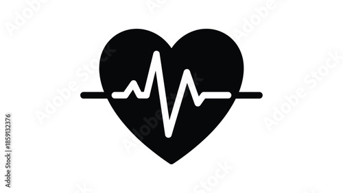 Simple black and white icon featuring a stylized heart shape with a prominent white electrocardiogram heartbeat rhythm line passing horizontally across its center for medical design concepts.