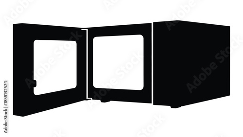 Silhouette icon depicting a black, open industrial oven or large appliance with a viewing window clearly showcasing the empty interior space ready for use in a minimalist graphic design