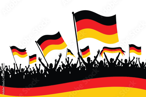 A vibrant depiction of german national pride featuring waving flags and a silhouetted crowd celebrating together high quality professional