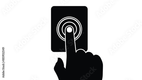 Black and white silhouette graphic illustrating a human index finger pressing a round button or icon on a rectangular device screen or interface element to initiate an action or signal contact.