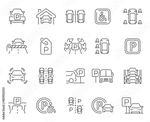 Set of Parking Line Icons Cars Signs and Parking Structures.