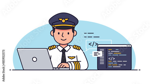 Pilot working on laptop and coding, focused on technology and aviation.