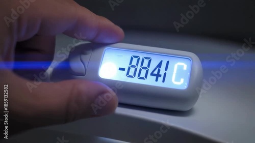 Researcher placing a digital temperature probe at extreme sub-zero levels with frost forming on crystal surfaces, 4K.