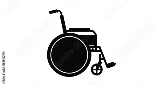 Simple black silhouette icon representing a manual wheelchair viewed from the side perfect for universal accessibility signage or graphic design needing mobility aid visualization