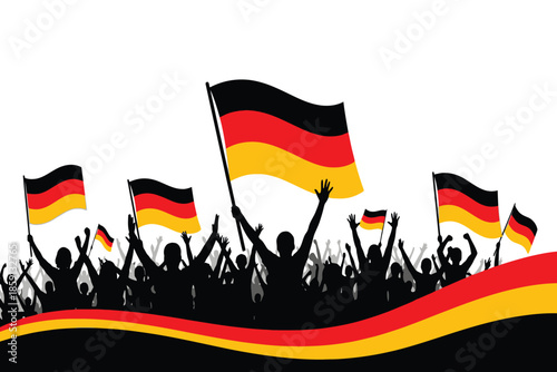 A silhouette of a jubilant crowd waving german flags against a vibrant red black and yellow backdrop high quality