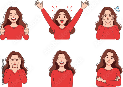 Cartoon woman facial expression and body language set illustration showing happy excited angry sad confident emotions in flat vector style