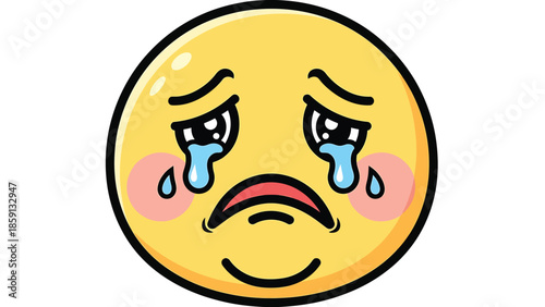 Sad yellow emoji with tears and a downturned mouth expressing sorrow and grief.