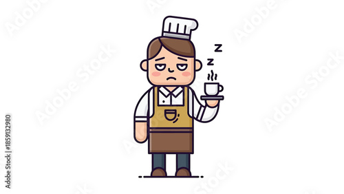 Tired chef holding coffee cup, looking exhausted and sleepy, needs caffeine boost.