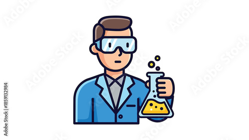 Scientist in lab coat holding a flask with yellow liquid and bubbles.