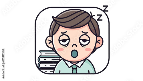 Tired student with open mouth and closed eyes, ready to sleep.