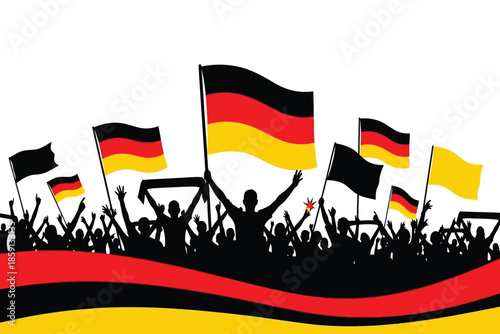 A vibrant depiction of german patriotism shows silhouetted crowds waving national flags with red black and yellow colors