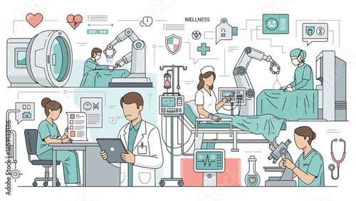 Medical technology and healthcare innovation in modern hospitals and clinics.