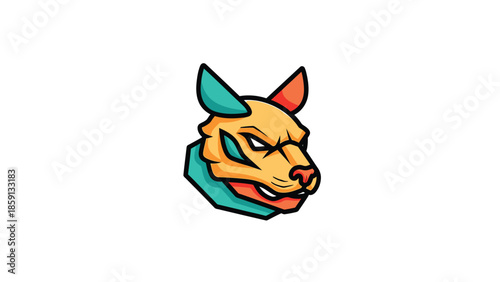 Vibrant cartoon wolf head with intense gaze and sharp features, ready to attack.