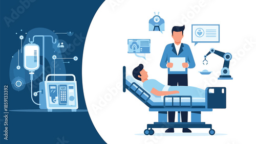 Modern medical care with doctor and patient in hospital room setting.