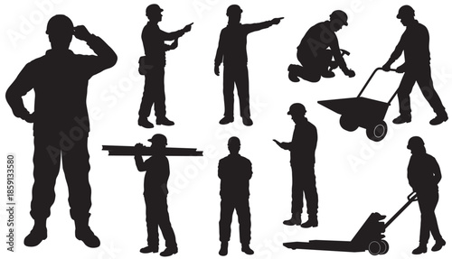 Set Of Black And White Construction Workers Silhouette Illustrations Isolated On A White Background.