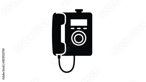 Simple black and white icon representing a vintage wall mounted intercom system or an old fashioned public telephone unit with a handset attached by a curly cord for easy communication.
