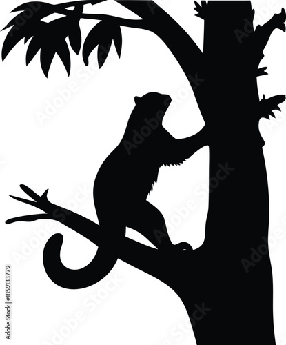 Agile Arboreal Mammal Silhouette Climbing a Tall Tree Trunk with Its Long Tail