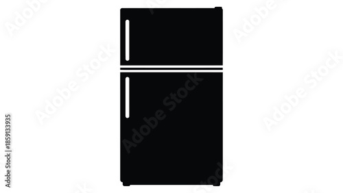 Simple black and white icon silhouette representing a classic two-door refrigerator freezer unit perfect for kitchen appliance design concepts and domestic technology illustrations