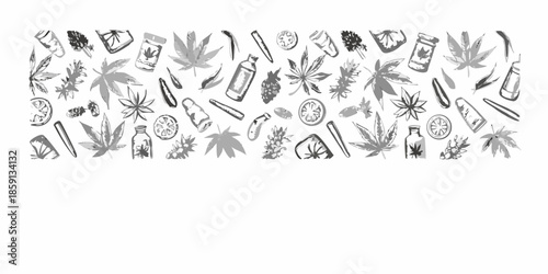 Botanical sketches featuring cannabis leaves flowers and various plant based products
