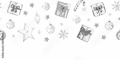 A festive grayscale pattern featuring gifts ornaments stars and snowflakes
