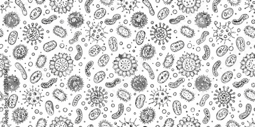 Intricate black and white pattern of various microscopic organisms and cell structures