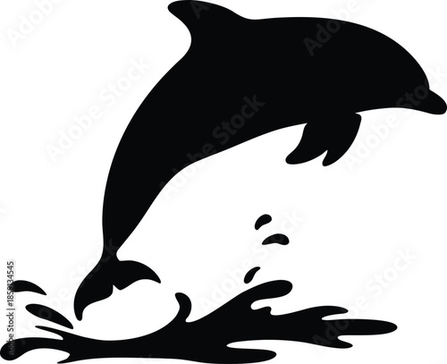 Black Silhouette of a Dynamic Dolphin Leaping Gracefully from the Water with Splashes