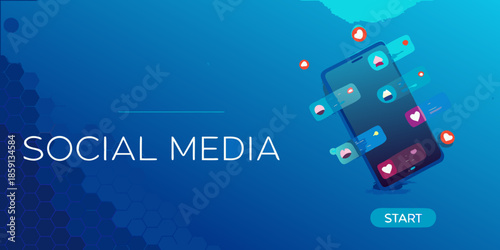 Social media concept with smartphone displaying notification icons and hexagonal background