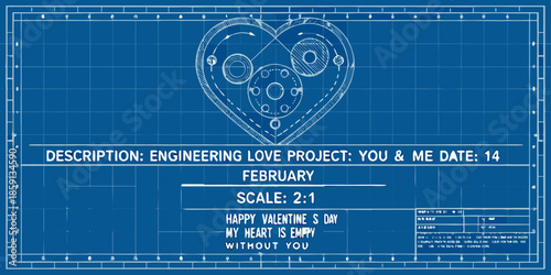 Blueprint of a heart with mechanical components celebrating love and engineering
