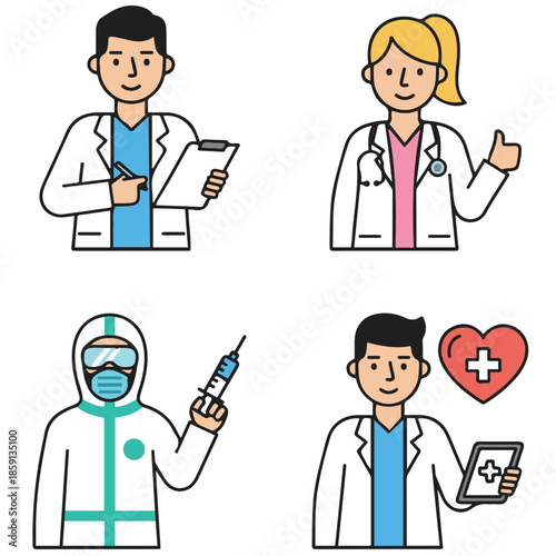 Vector set of four medical professional avatars featuring a doctor with a clipboard, a female physician with a stethoscope giving a thumbs up, 