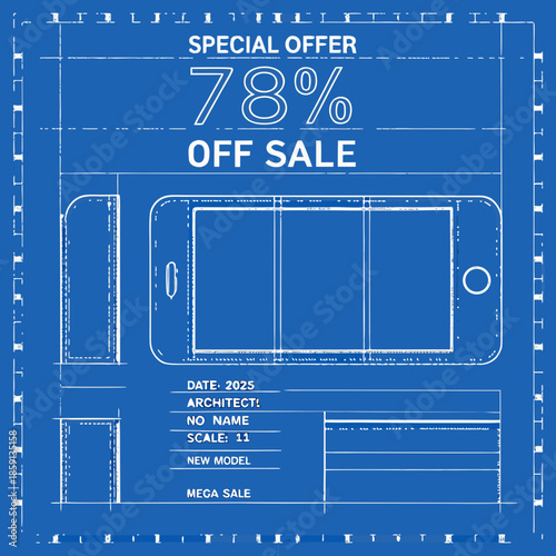 Blueprint style special offer showcasing a mobile phone with a large discount