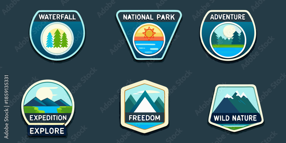 Obraz premium Collection of colorful outdoor adventure badges with nature and park themes