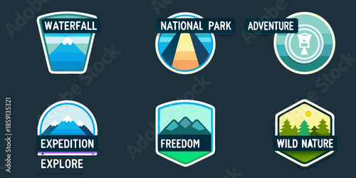 Collection of colorful outdoor adventure badges and national park emblems