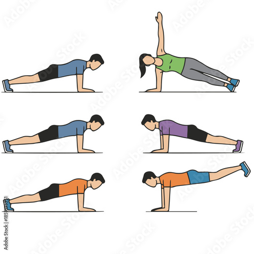 Vector illustration set demonstrating various plank exercise positions for core strengthening. 