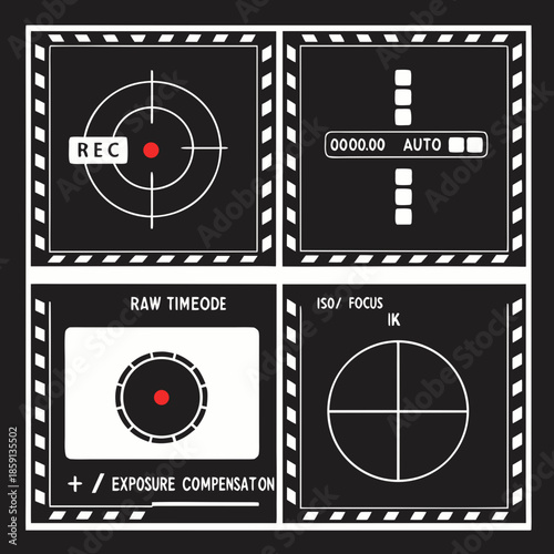 Vintage camera viewfinder design with recording and exposure settings displayed