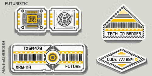 Futuristic tech id badges with barcodes and qr codes for identification